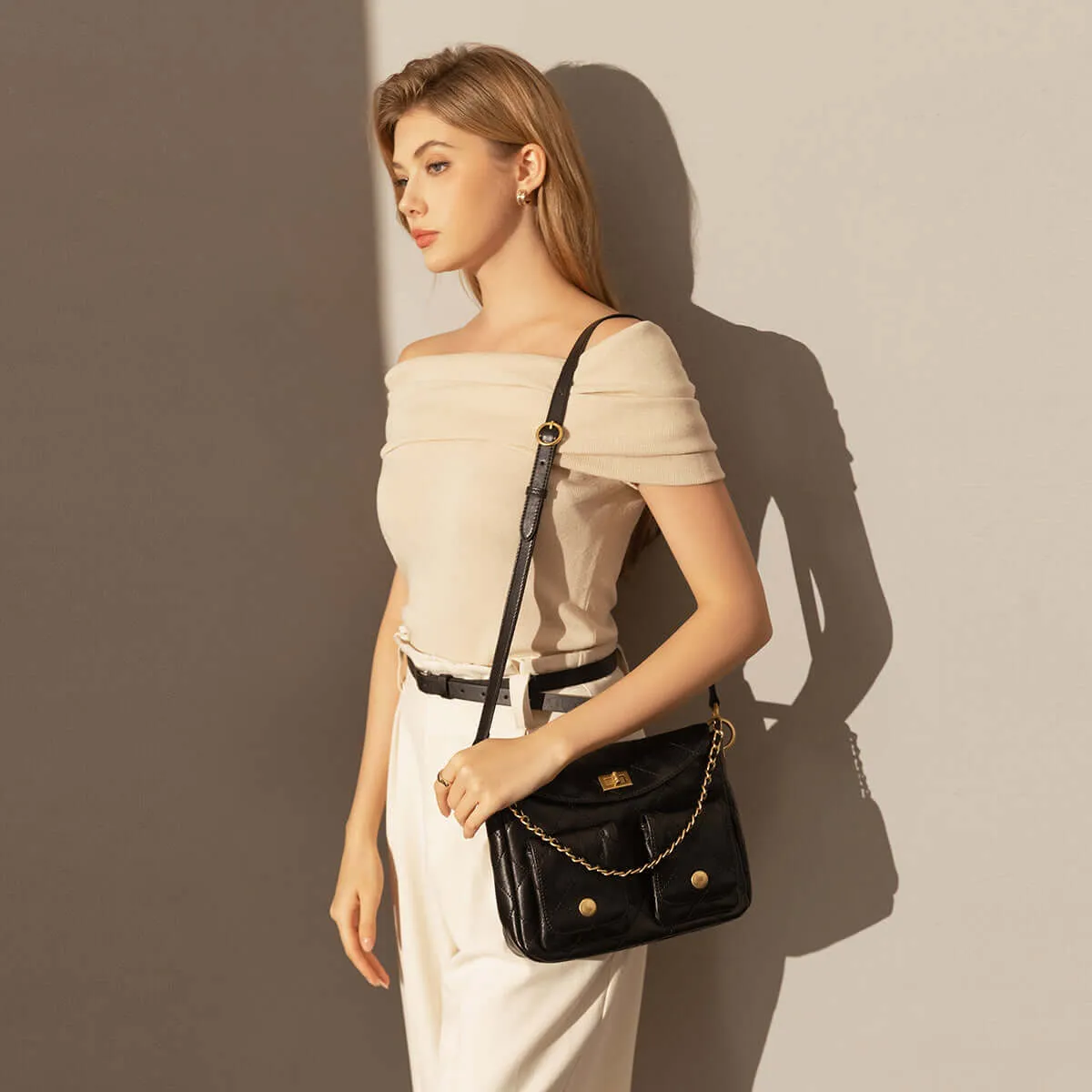 Double Top Handle Leather Bag with Detachable Shoulder Straps