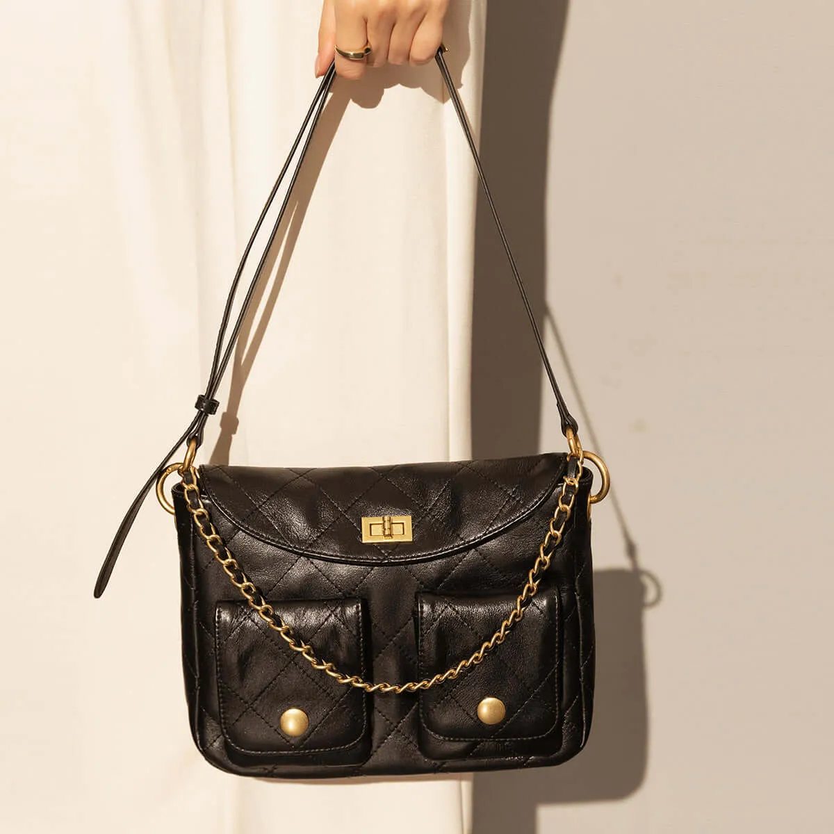 Double Top Handle Leather Bag with Detachable Shoulder Straps