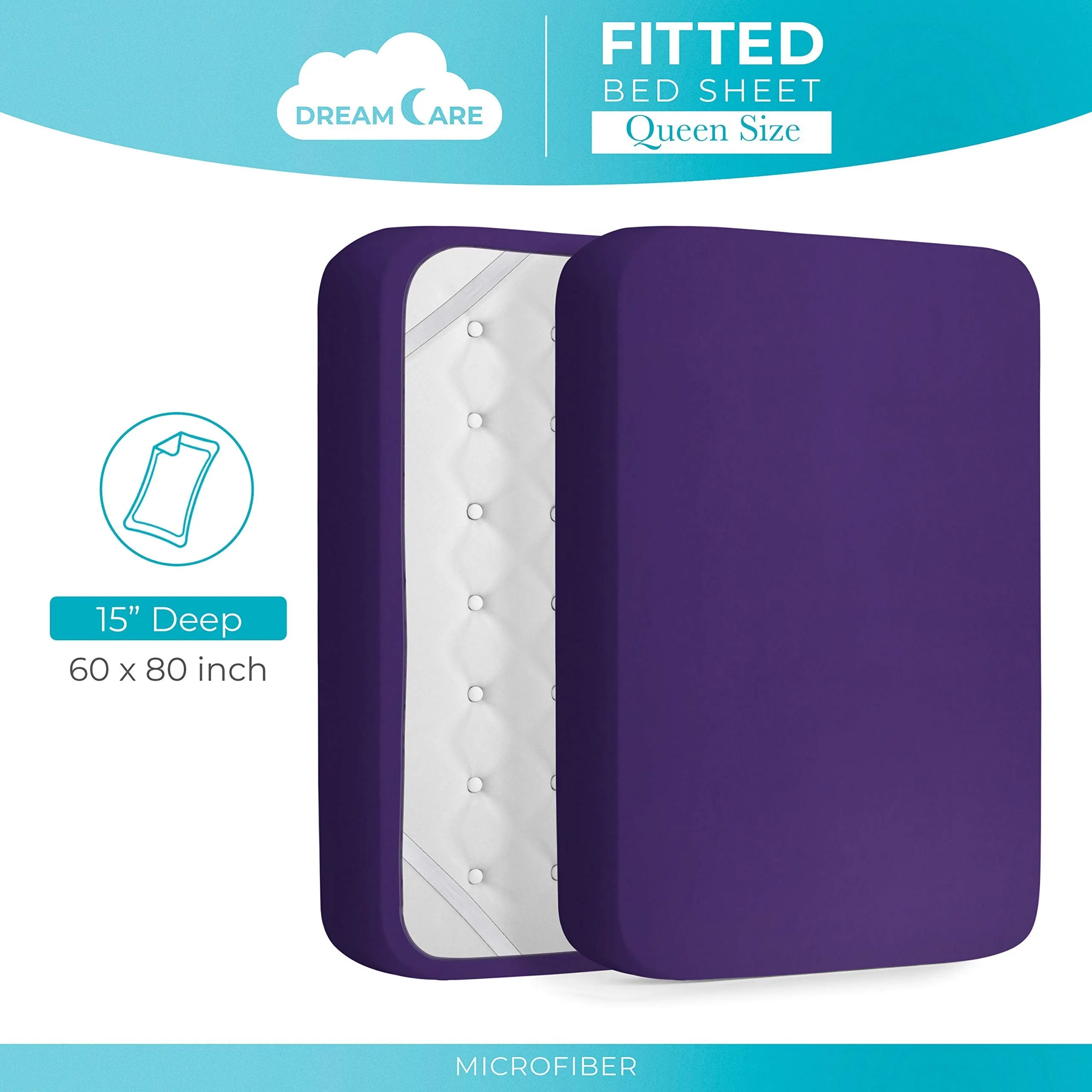 DREAMCARE Fitted Sheet Queen Size - Deep Pocket Fitted Sheet - Fits up to 15 inch Mattress - Deep Pocket Queen Sheets - Hotel Luxury - Shrinkage & Fade Resistant - 1 Fitted Sheet Only (Purple, Queen)