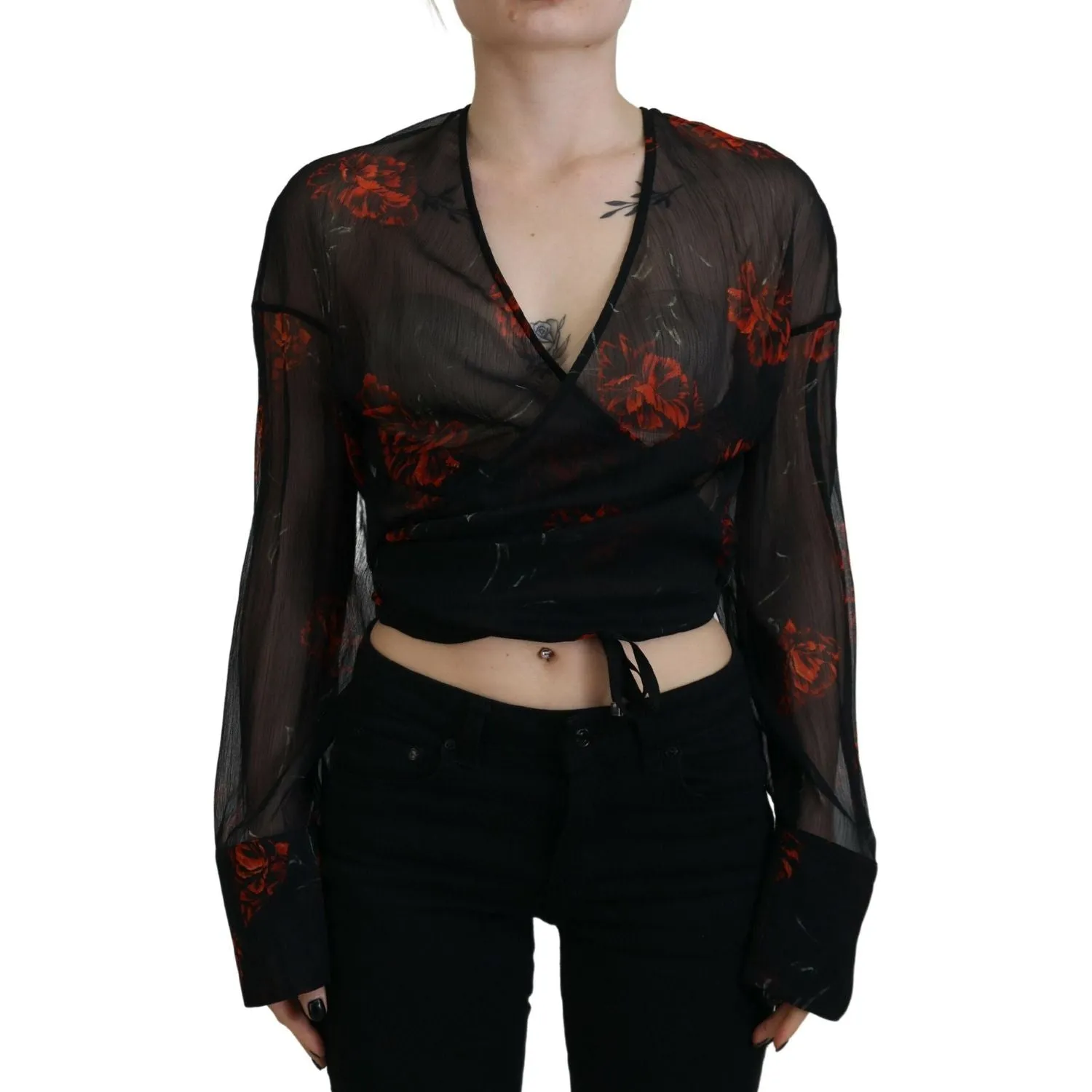 Dsquared² Black Floral Print Cropped Wrap Long Sleeves Top