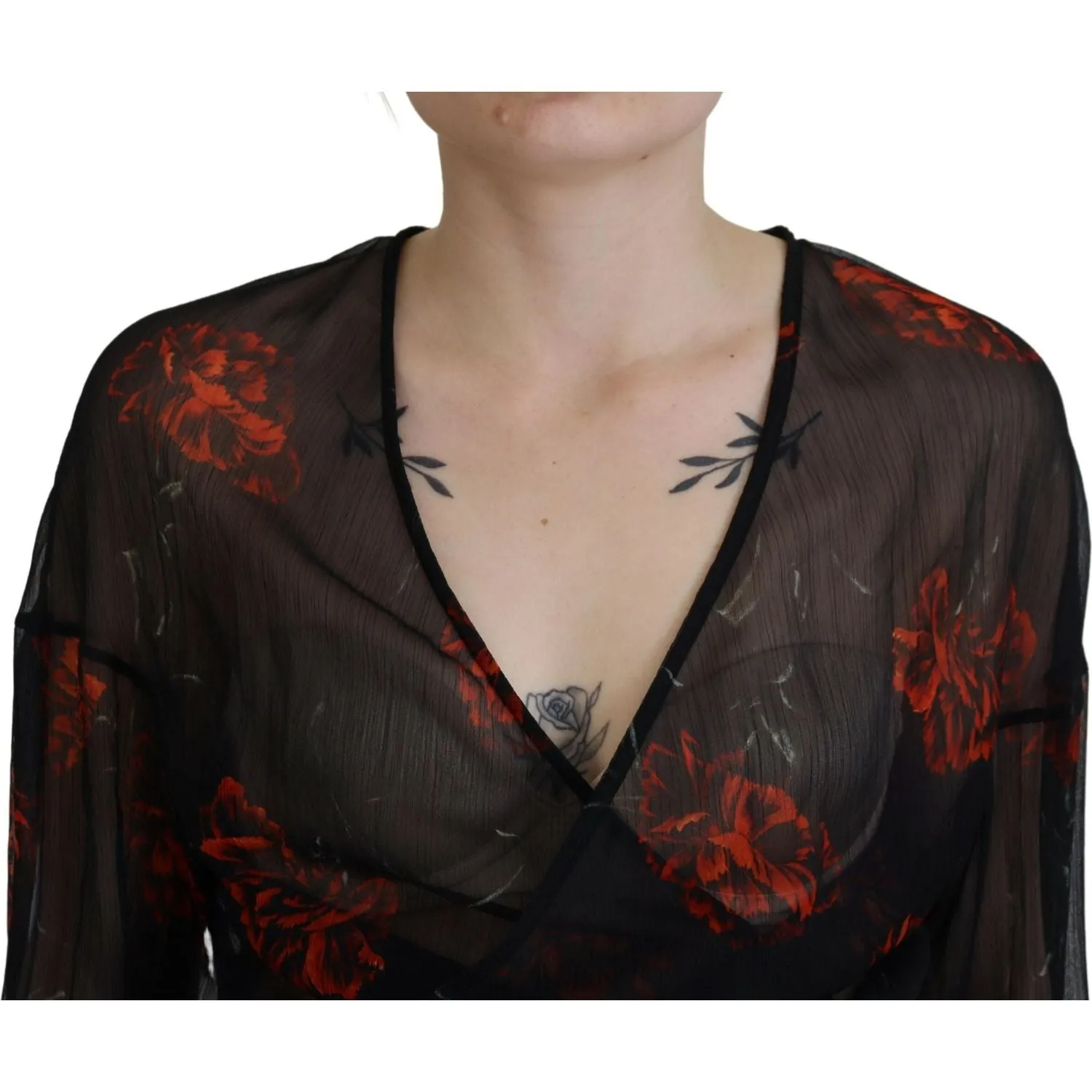 Dsquared² Black Floral Print Cropped Wrap Long Sleeves Top