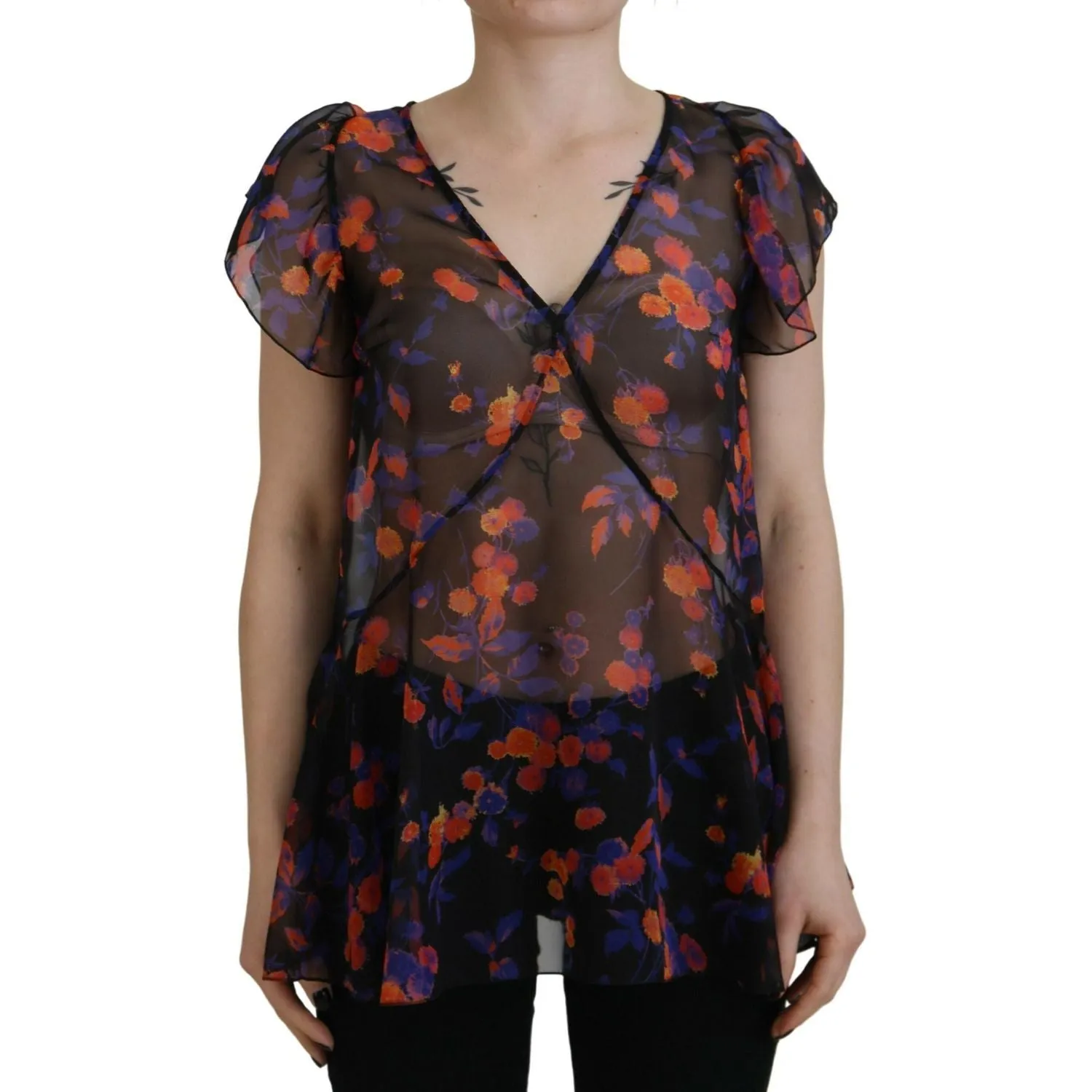 Dsquared² Black Floral Print Short Sleeves V-neck Blouse Top