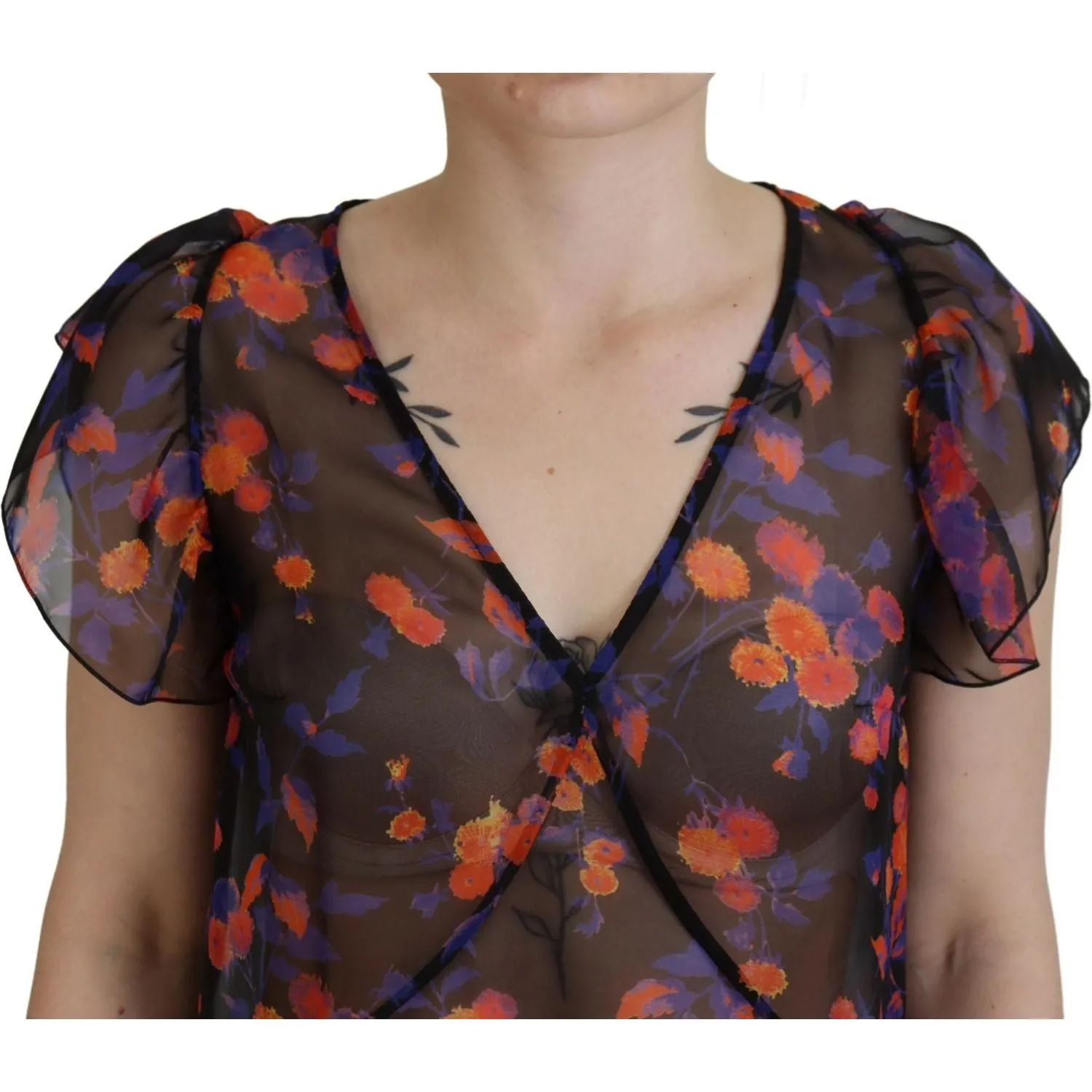 Dsquared² Black Floral Print Short Sleeves V-neck Blouse Top