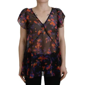 Dsquared² Black Floral Print Short Sleeves V-neck Blouse Top