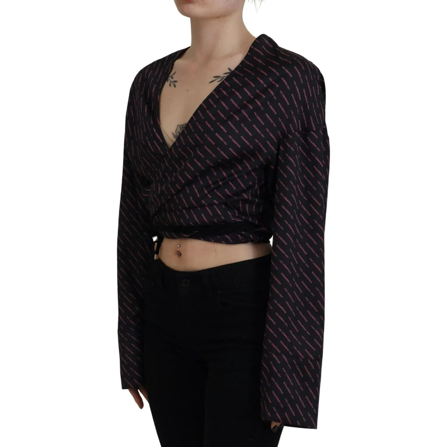 Dsquared² Black Polyester Cropped Logo Printed Blouse Top