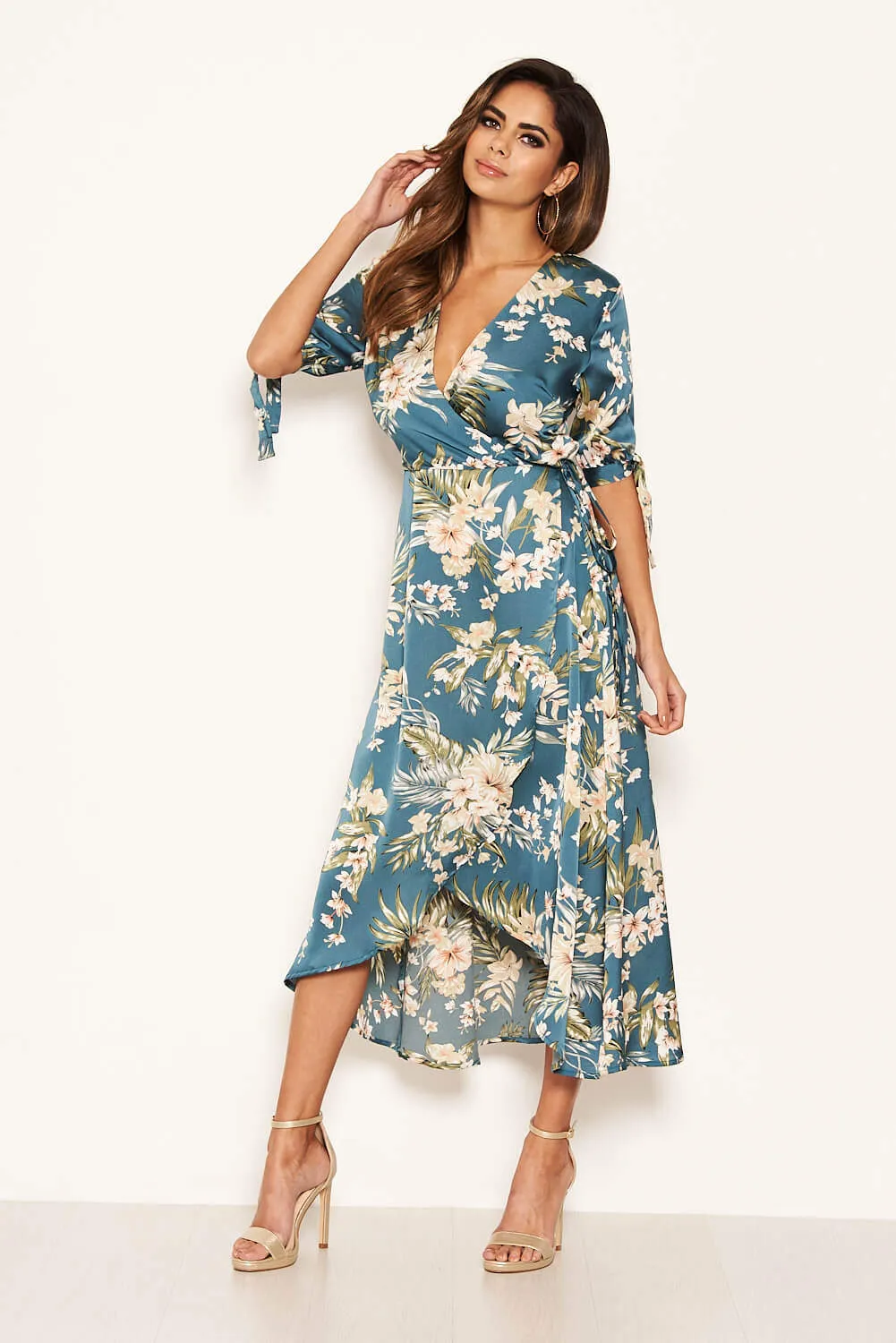 Duck Egg Floral Tie Sleeve Wrap Dress