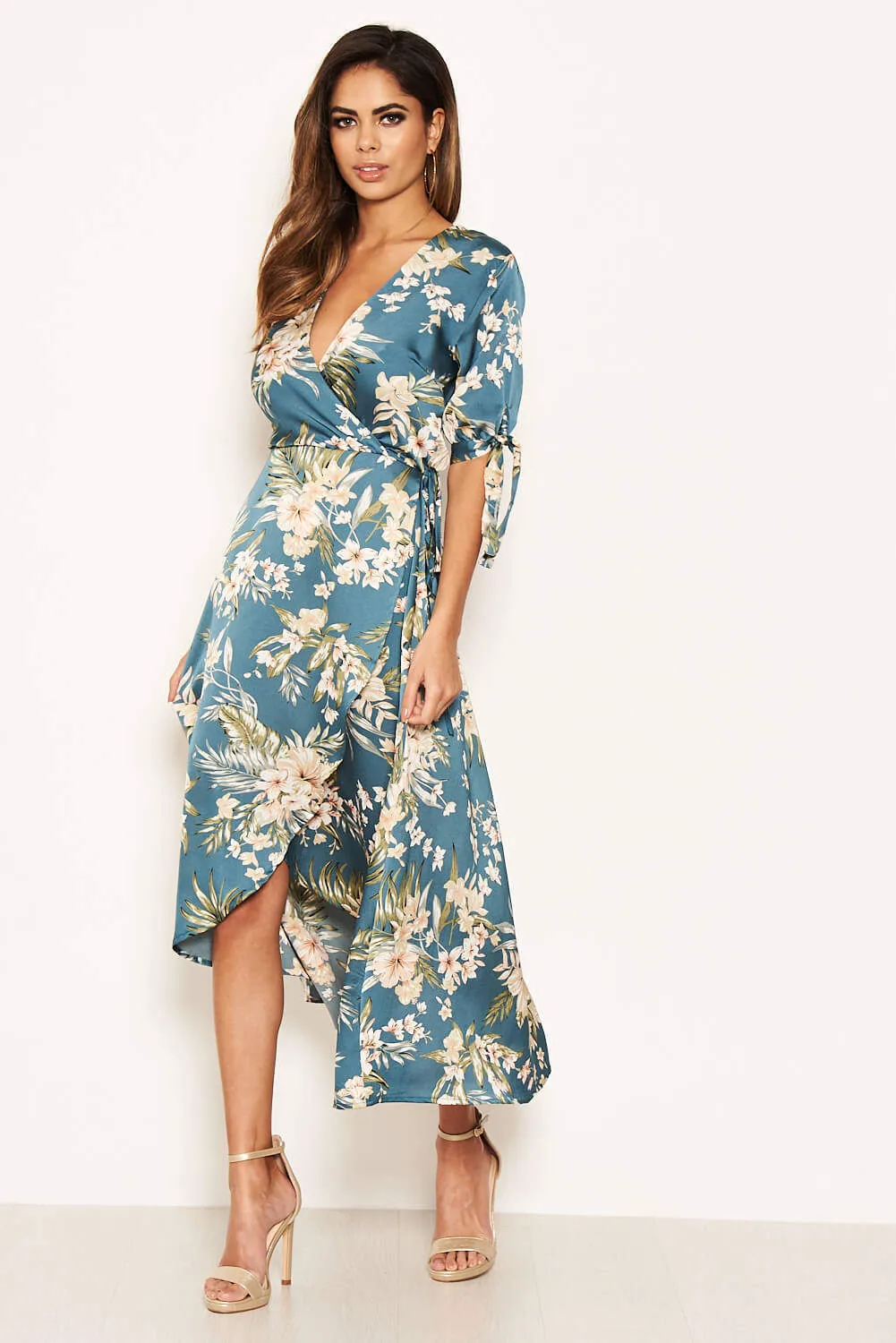 Duck Egg Floral Tie Sleeve Wrap Dress