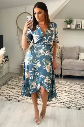 Duck Egg Floral Tie Sleeve Wrap Dress