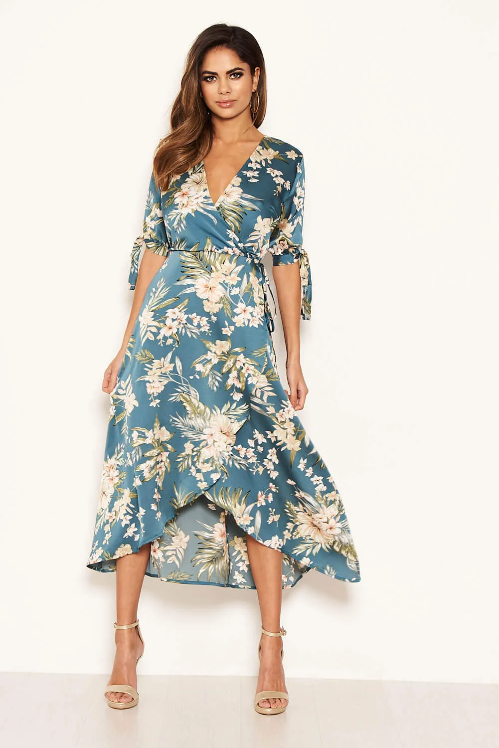 Duck Egg Floral Tie Sleeve Wrap Dress