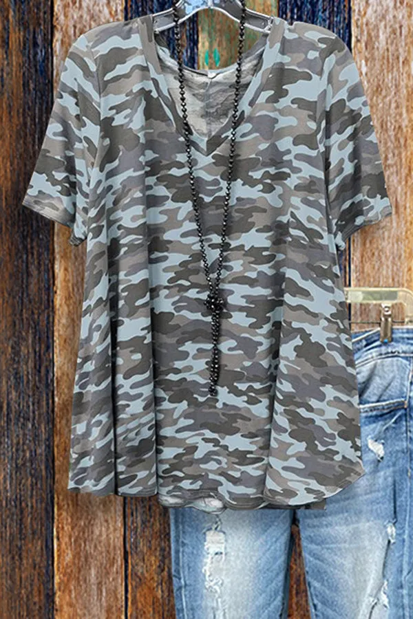 Dunnmall Curved Hem Camouflage Print T-shirt