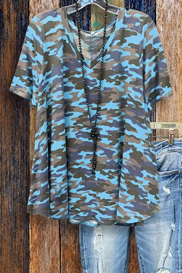 Dunnmall Curved Hem Camouflage Print T-shirt