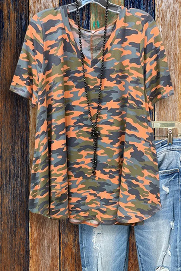 Dunnmall Curved Hem Camouflage Print T-shirt