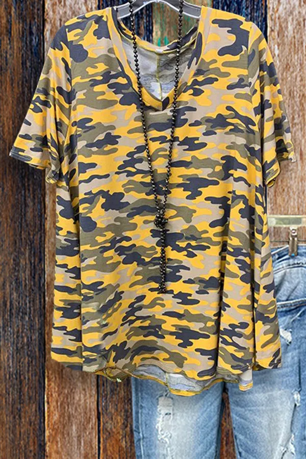 Dunnmall Curved Hem Camouflage Print T-shirt