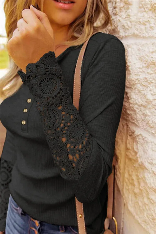 Dunnmall Fashion Lace Splicing Hollow Out Button Blouse