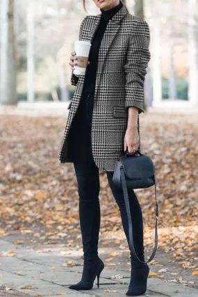 Dunnmall Fashion Lapel Plaid Print Coat