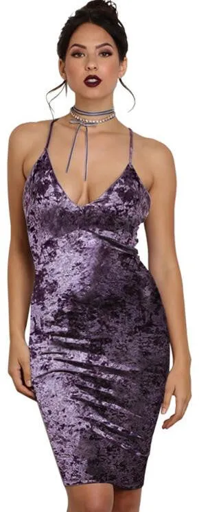 Elegant Purple Spaghetti Strap Velvet Backless Knee-Length Dress