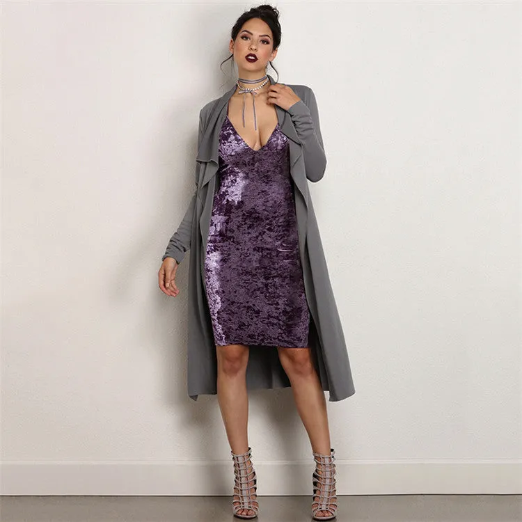 Elegant Purple Spaghetti Strap Velvet Backless Knee-Length Dress