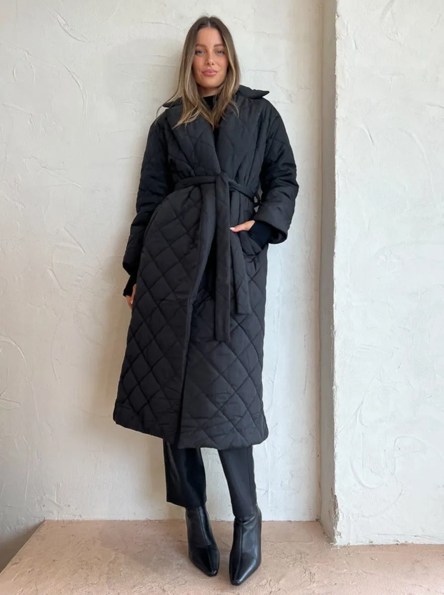 Ena Pelly Mia Longline Quilted Jacket in Black