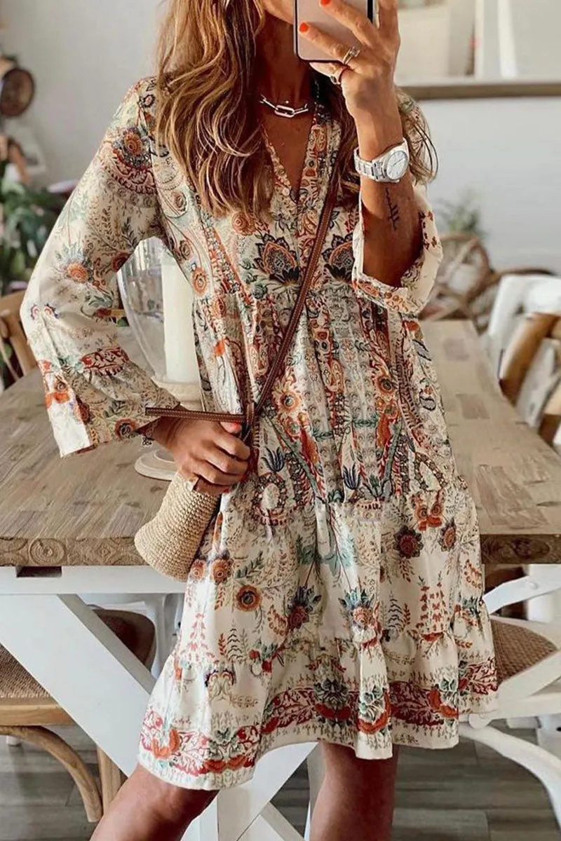 Fashion Street Print Patchwork V Neck Pleated Dresses