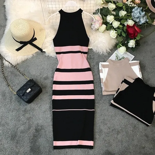 Fashion Striped Stretch Women Dress Sleeveless