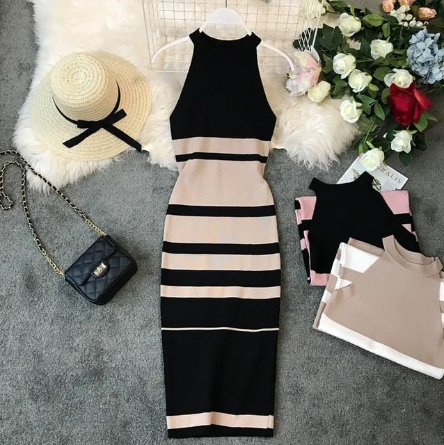 Fashion Striped Stretch Women Dress Sleeveless