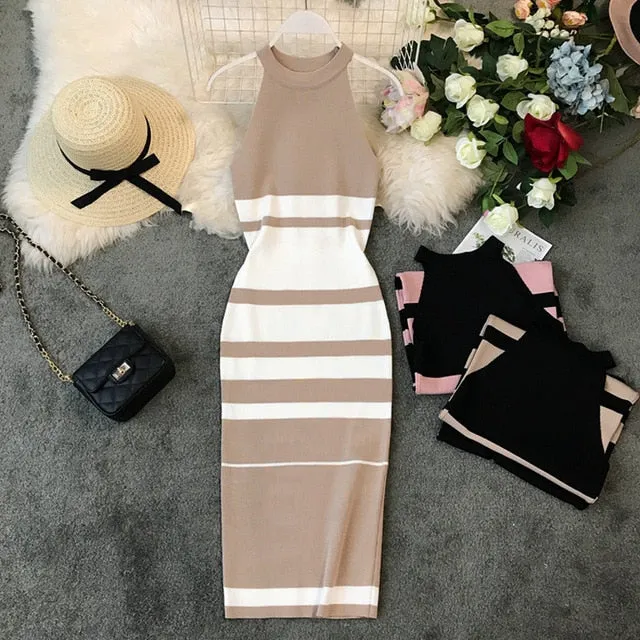 Fashion Striped Stretch Women Dress Sleeveless