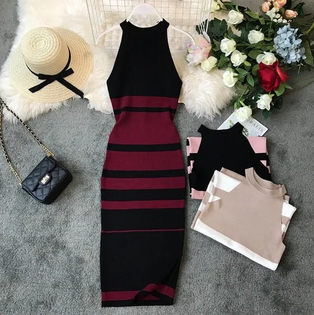 Fashion Striped Stretch Women Dress Sleeveless