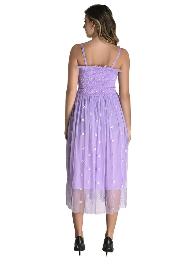 FIMS Fashion Women Embellished Net Floral Midi Fit & Flare Dress Purple