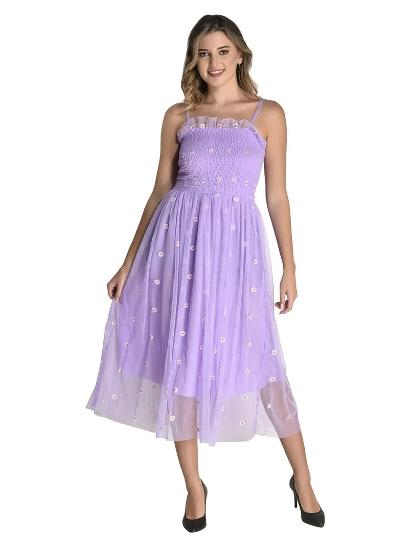 FIMS Fashion Women Embellished Net Floral Midi Fit & Flare Dress Purple