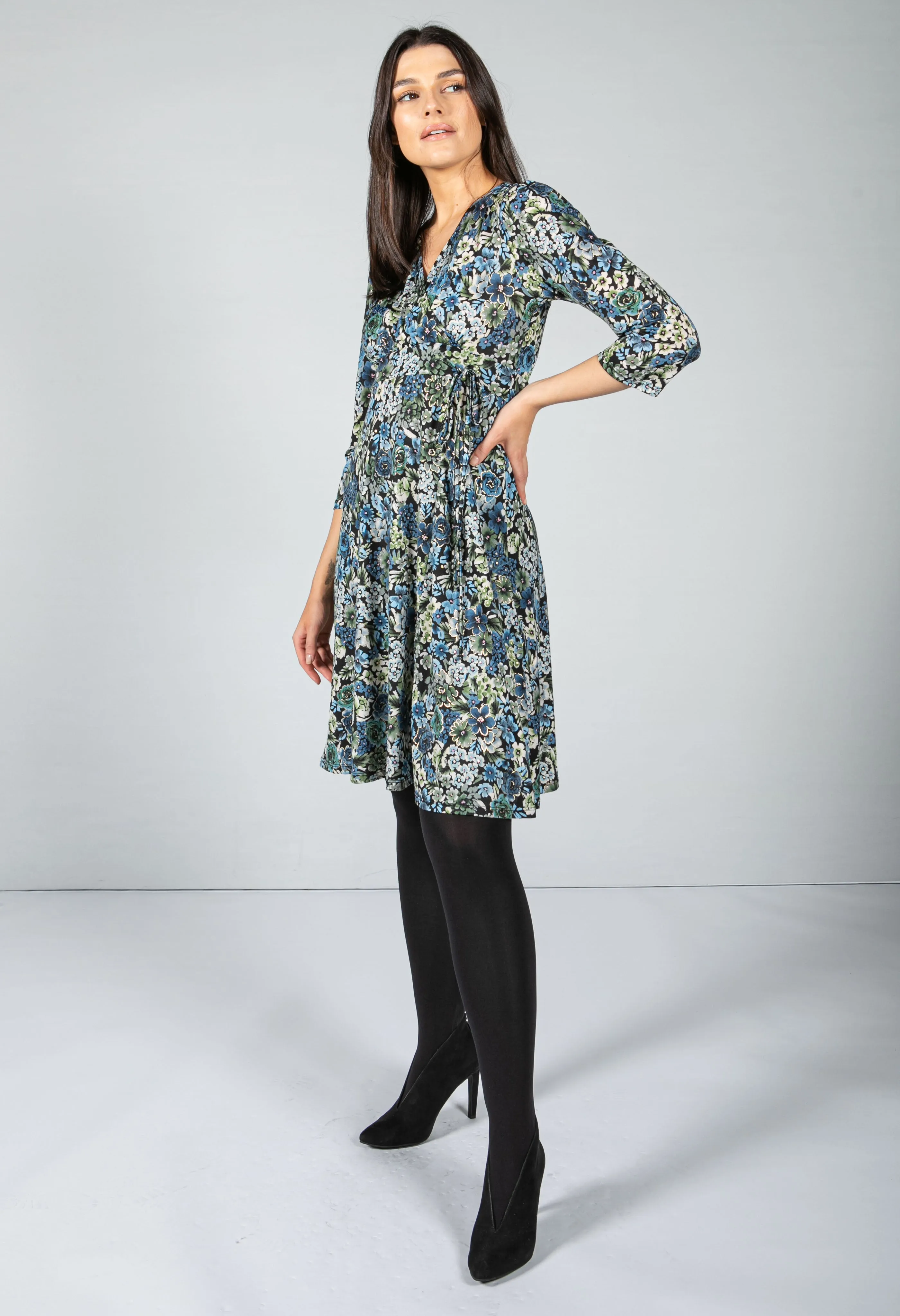 Floral Wrap Dress with Metallic Detail