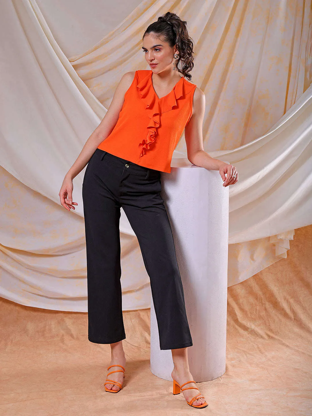 Freehand Women Orange Fitted Textured Ruffled Ruffle Top