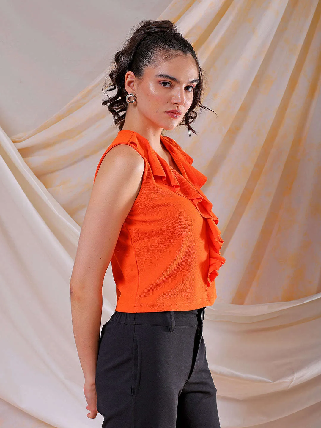 Freehand Women Orange Fitted Textured Ruffled Ruffle Top