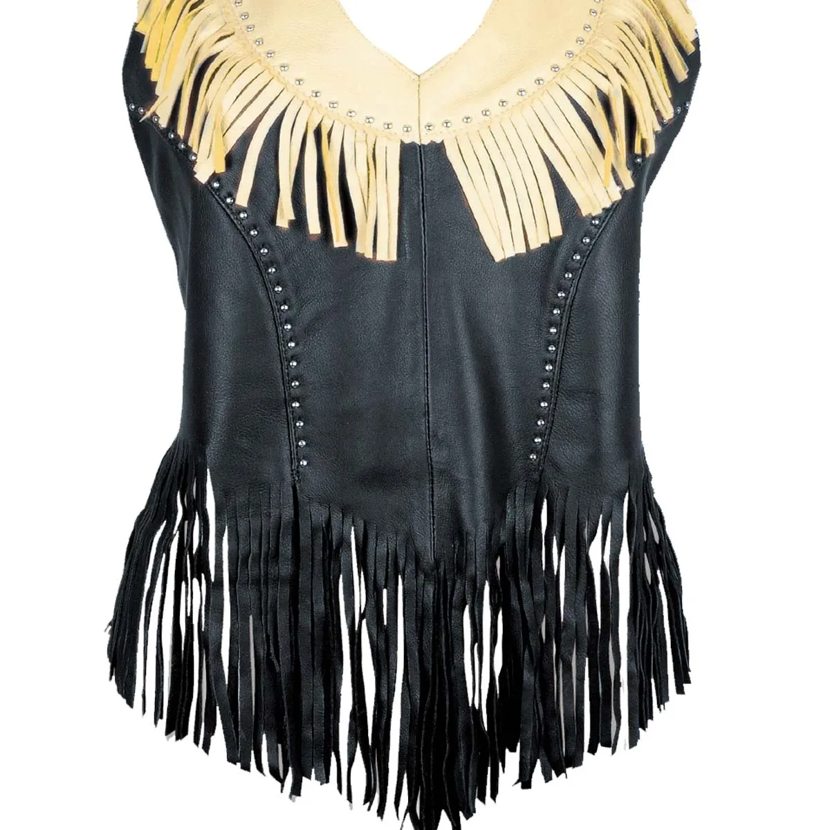 Genuine Leather ML1897 Ladies ‘Fringed’ Black Leather Halter Top