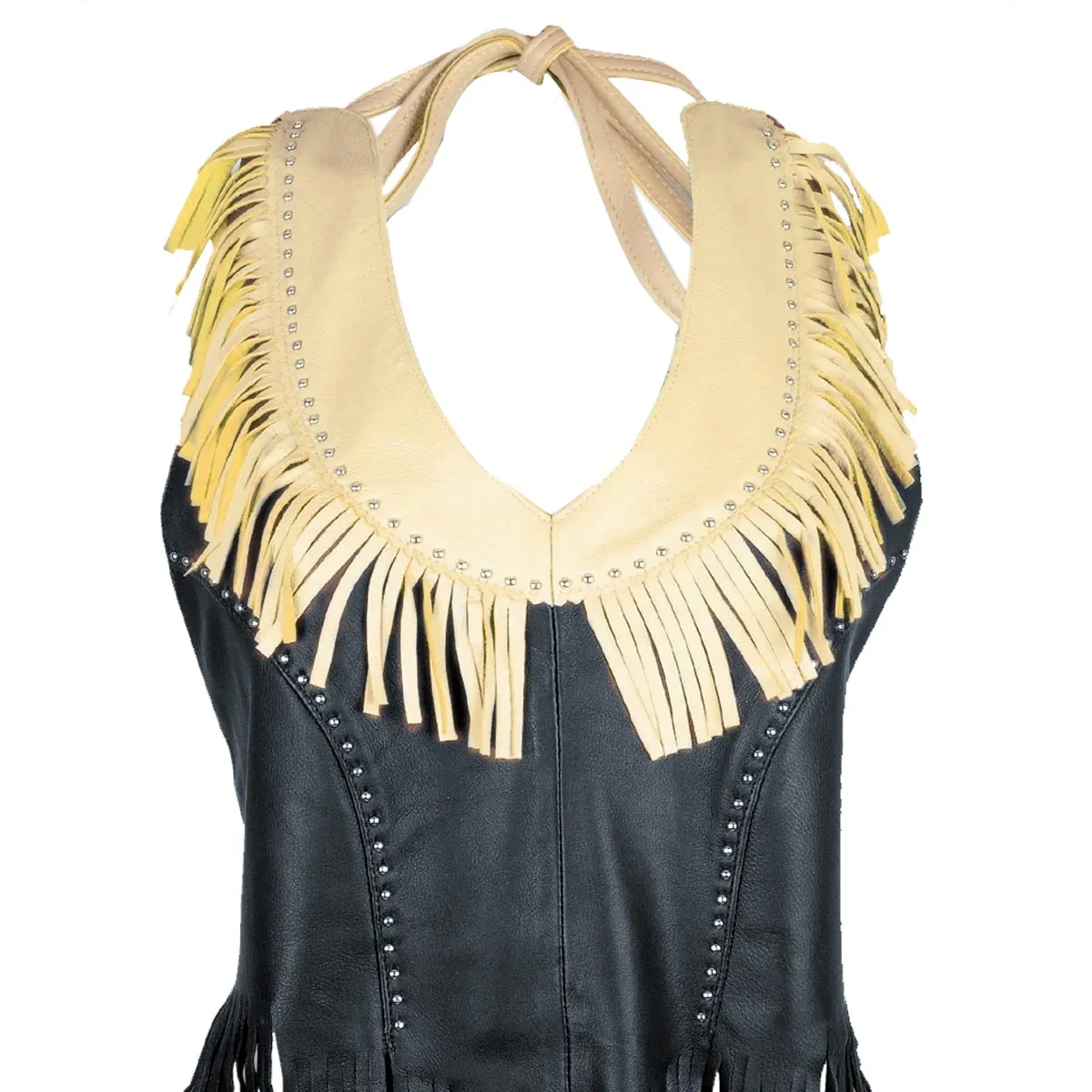 Genuine Leather ML1897 Ladies ‘Fringed’ Black Leather Halter Top