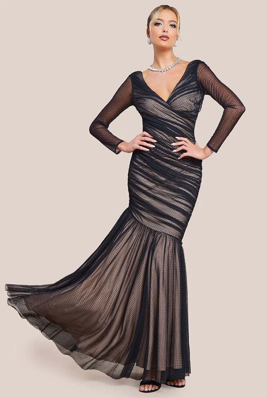 Goddiva Dobby Mesh Wrap Style Gathered Maxi Dress