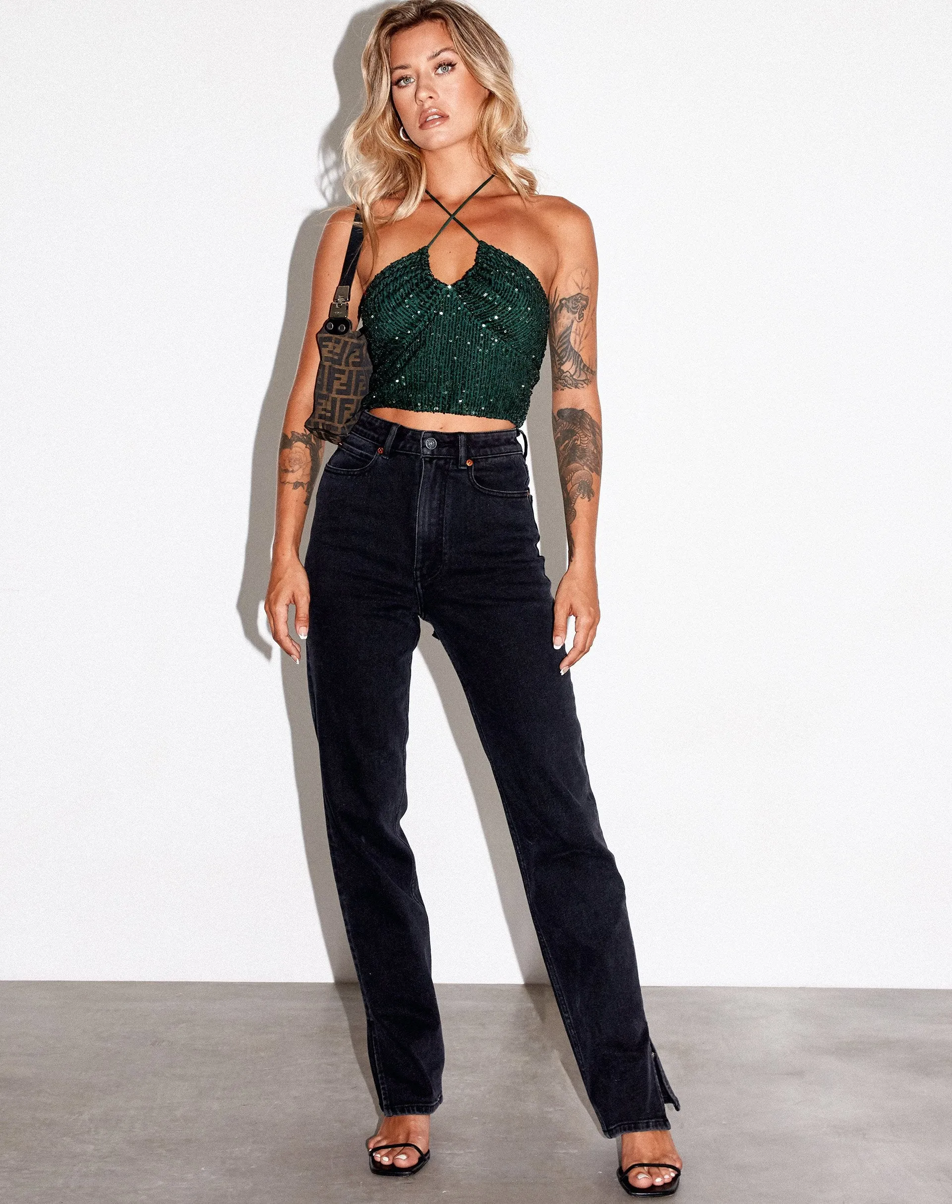 Haltri Crop Top in Drape Sequin Forest Green