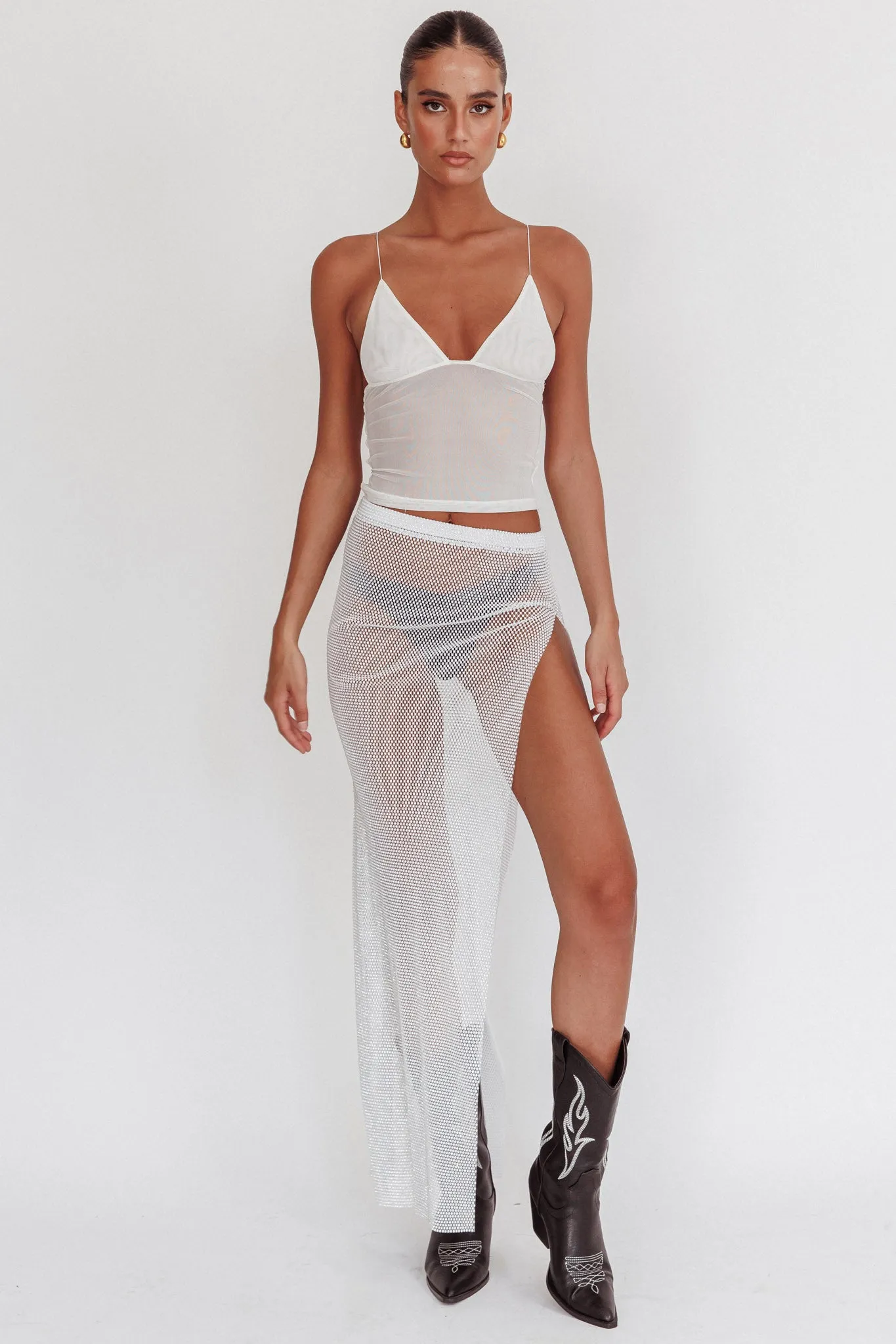 Heart Breaker Diamante Mesh Maxi Skirt White