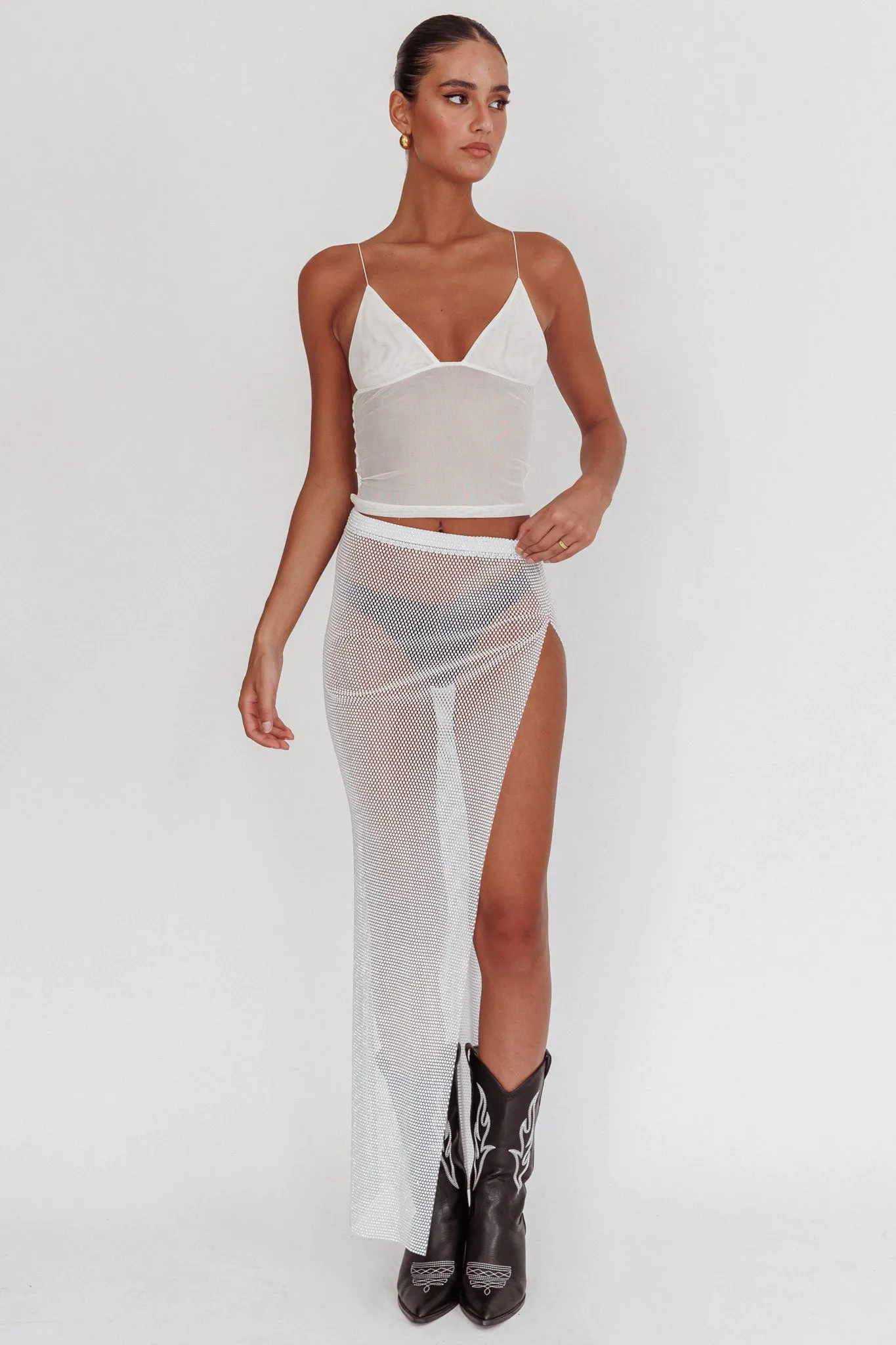 Heart Breaker Diamante Mesh Maxi Skirt White