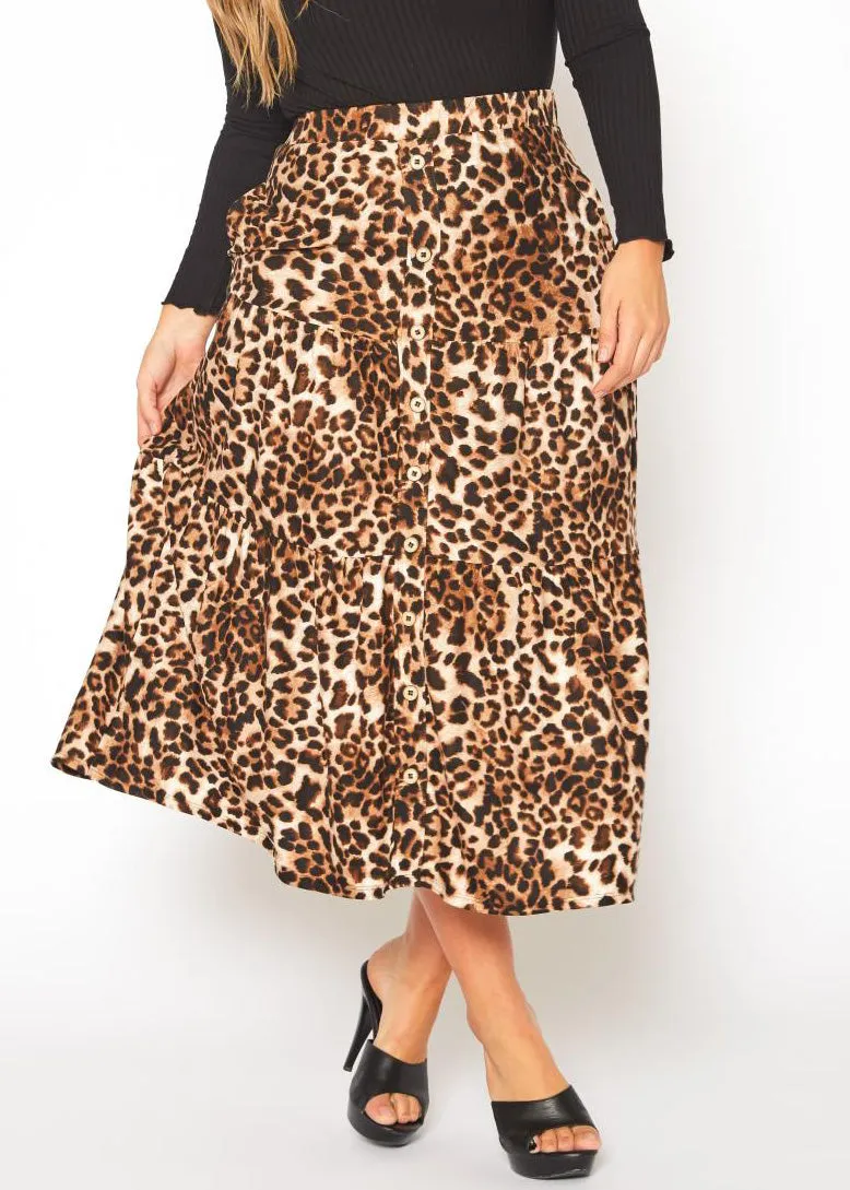 Hi Curvy Plus Size Leopard Print Flare Maxi Skirt with Pockets