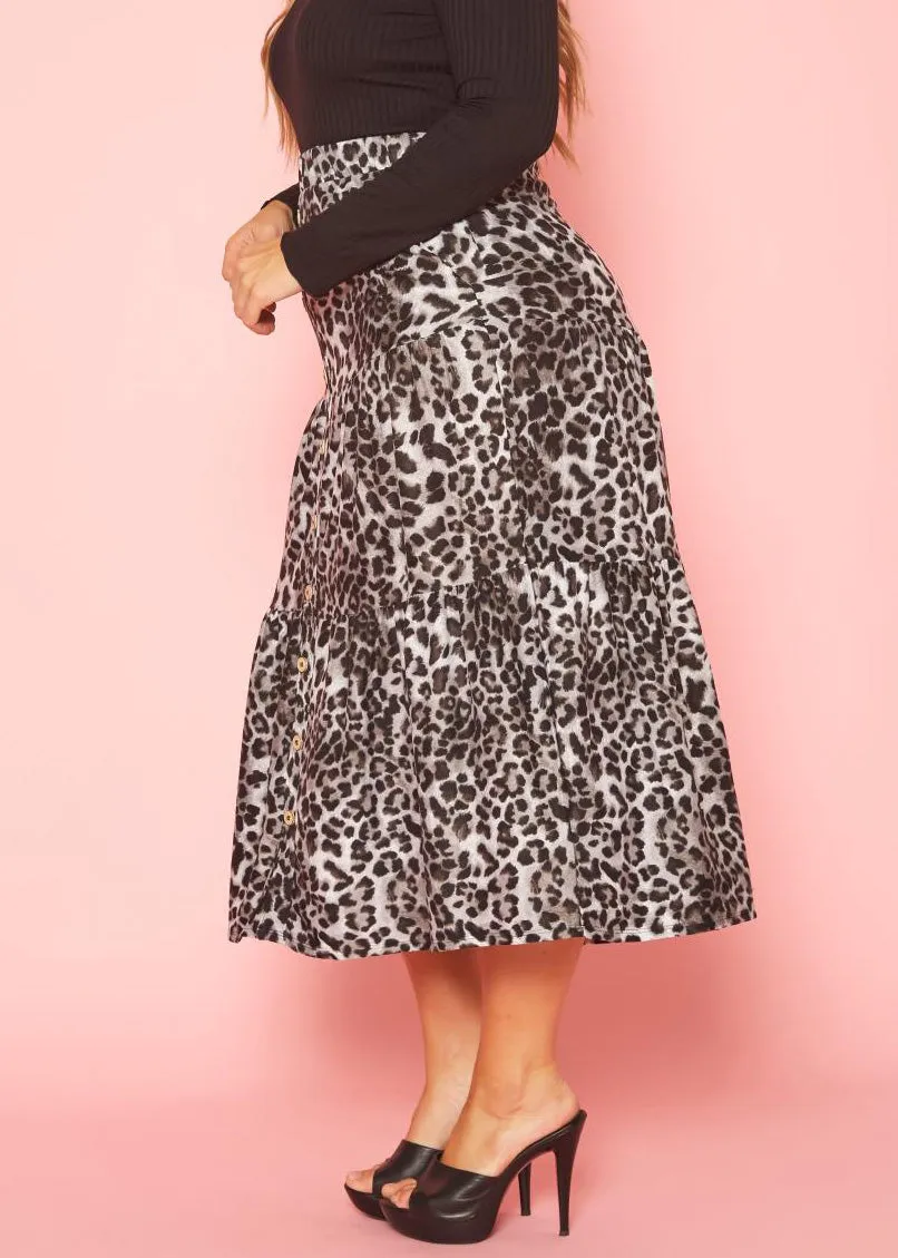 Hi Curvy Plus Size Leopard Print Flare Maxi Skirt with Pockets