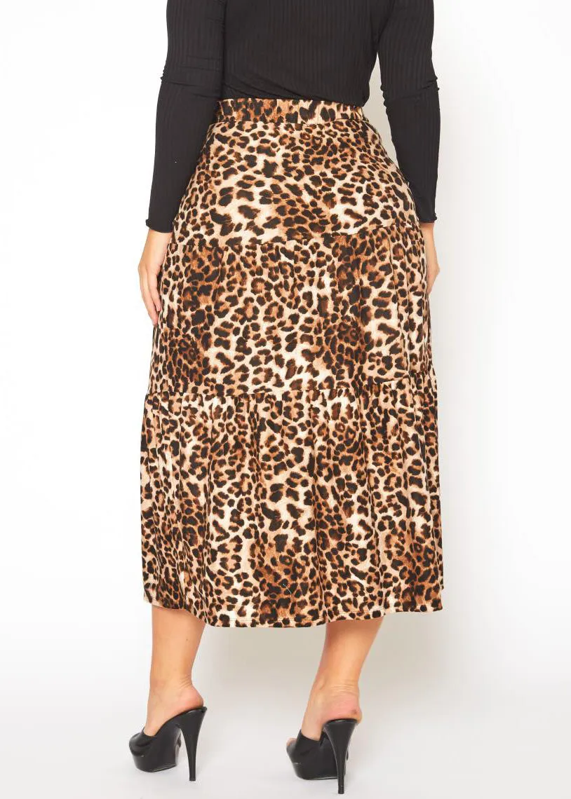 Hi Curvy Plus Size Leopard Print Flare Maxi Skirt with Pockets