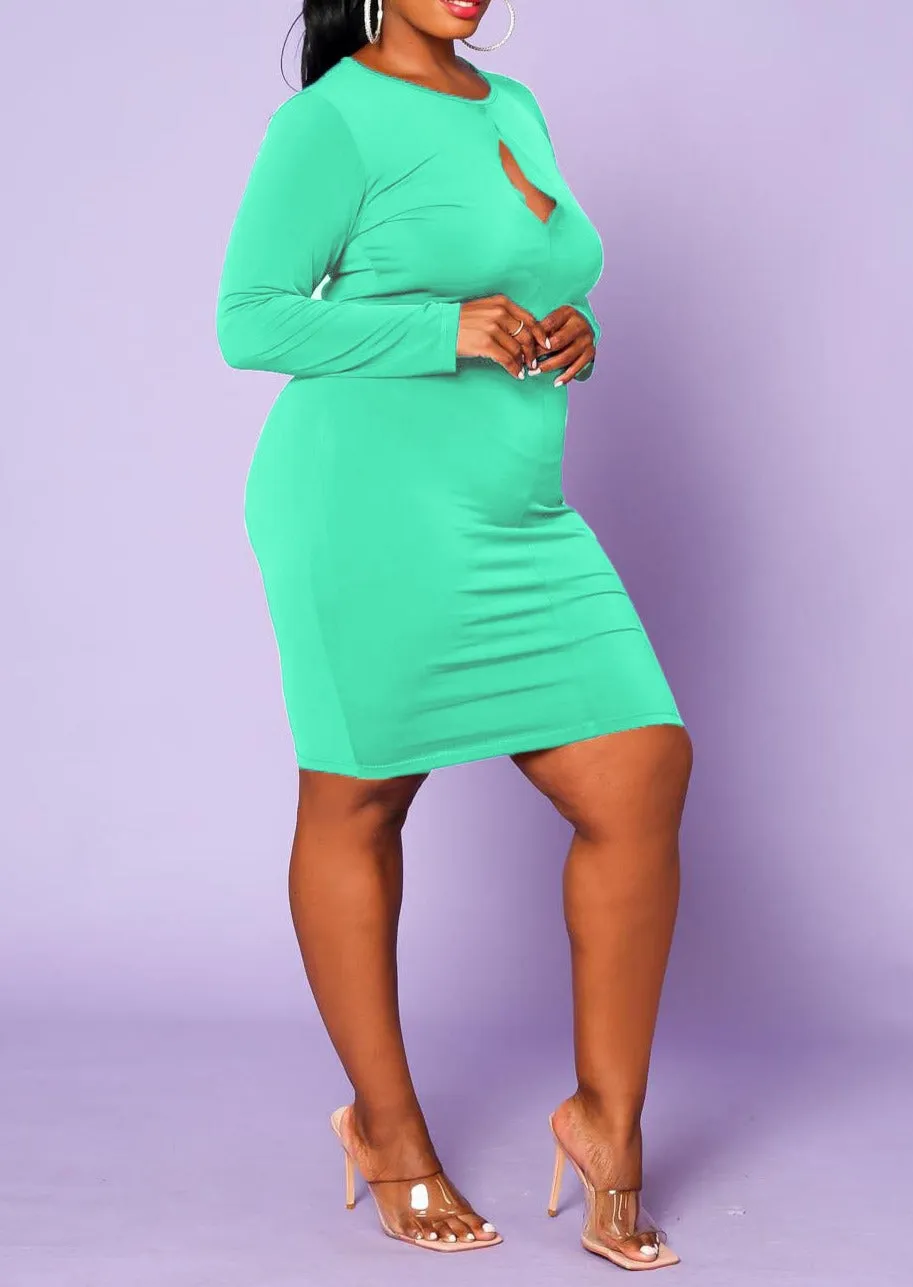 Hi Curvy Plus Size Women Keyhole Long Sleeve Bodycon Dress