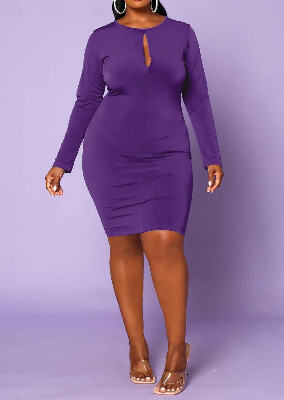 Hi Curvy Plus Size Women Keyhole Long Sleeve Bodycon Dress