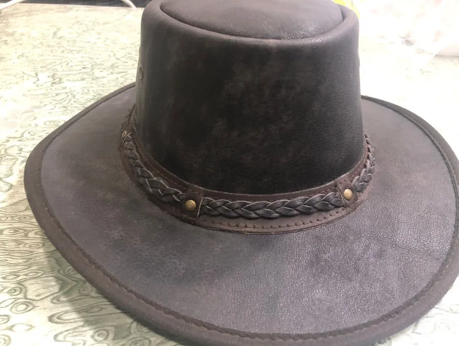 HL80112 BROWN - Handcrafted Brown Leather TOP HAT shapeable brim