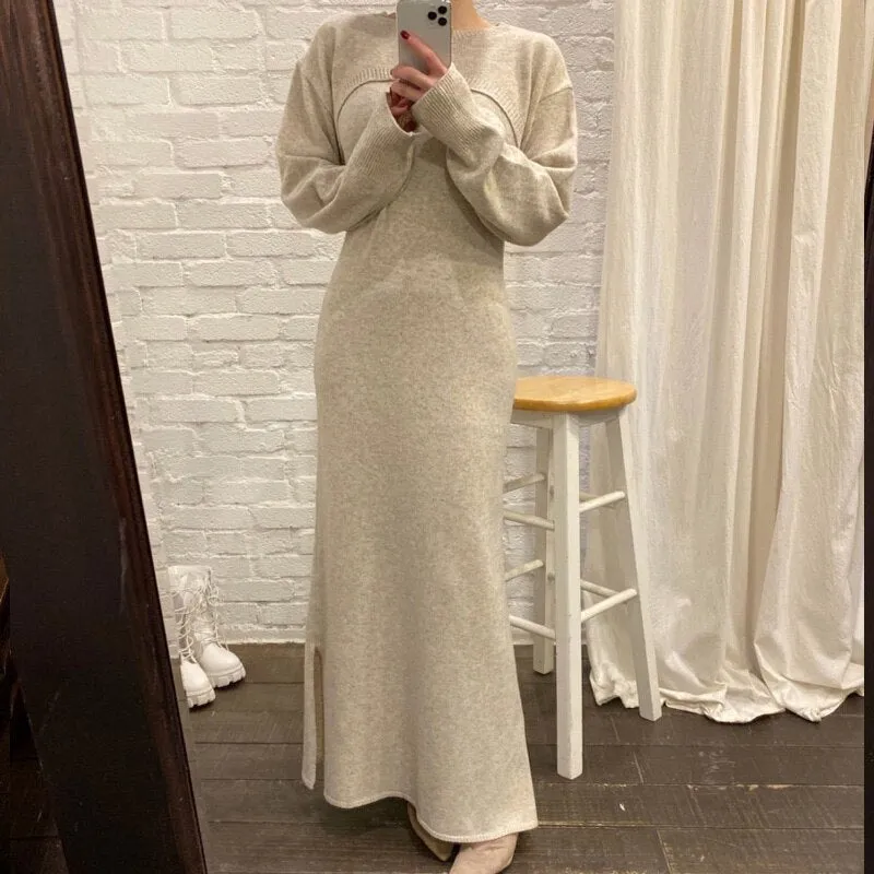 Joskaa Christmas Gift Two Piece Knitted Dress Bodycon Midi Long Sleeve Sweater Dress New Autumn Winter Short Knitted Shawl Pullover Tops   Sling Dress