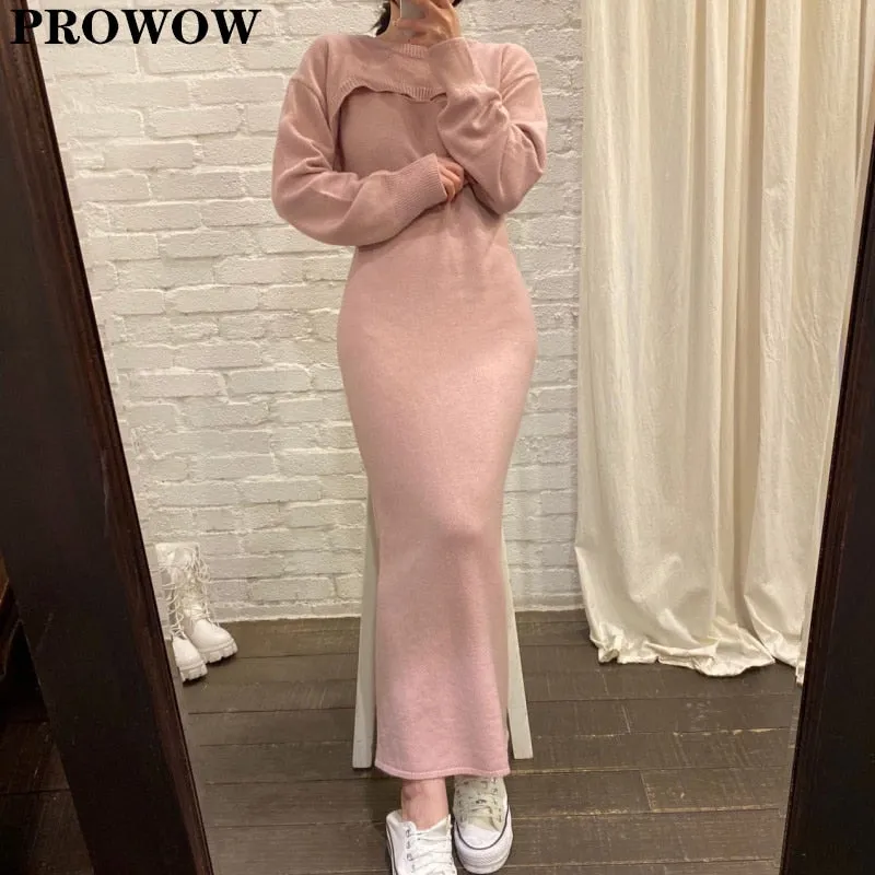 Joskaa Christmas Gift Two Piece Knitted Dress Bodycon Midi Long Sleeve Sweater Dress New Autumn Winter Short Knitted Shawl Pullover Tops   Sling Dress