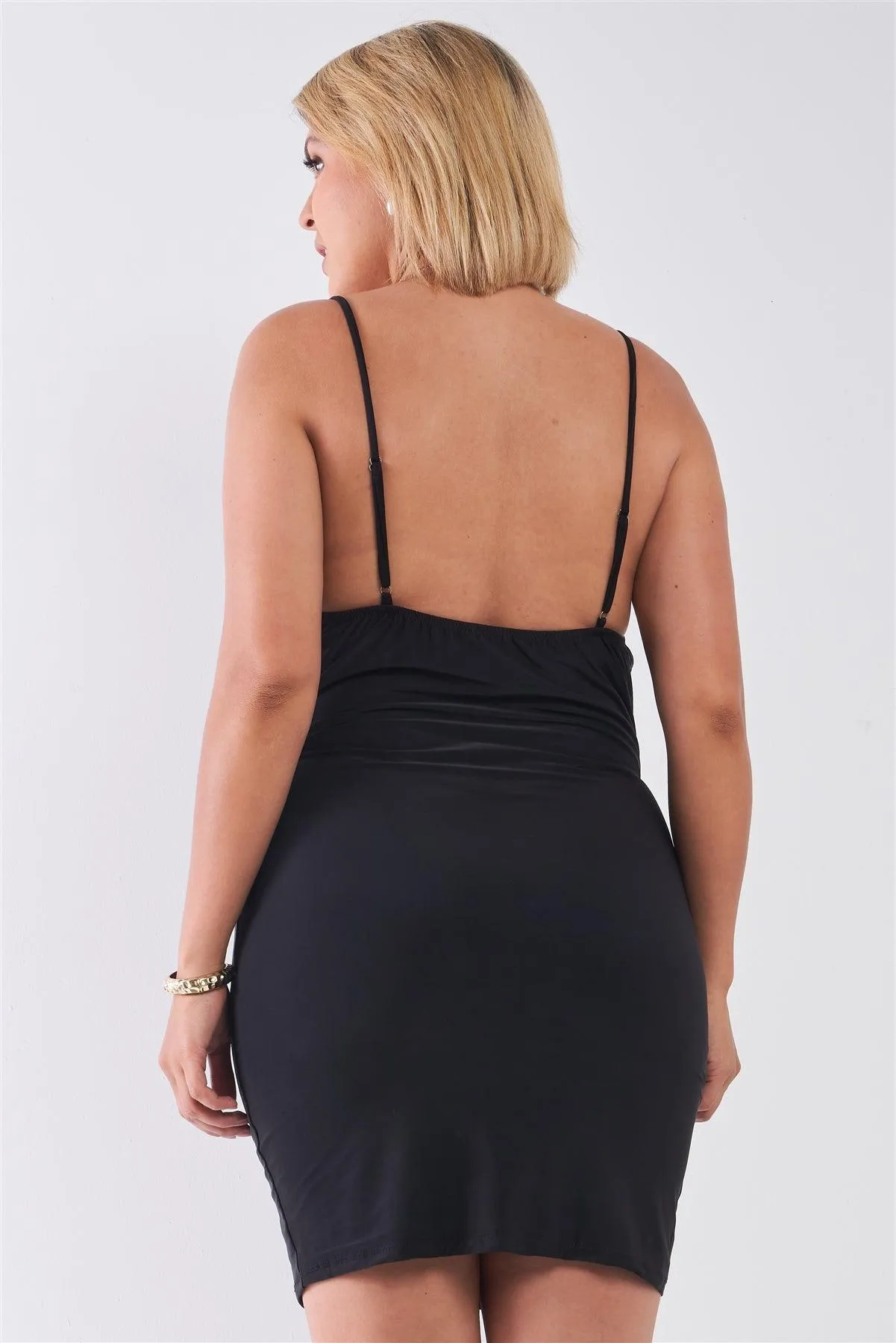 Junior Plus Size Black Spaghetti Strap Silky Cowl Neck Bodycon Cami Mini Dress /2-2-2