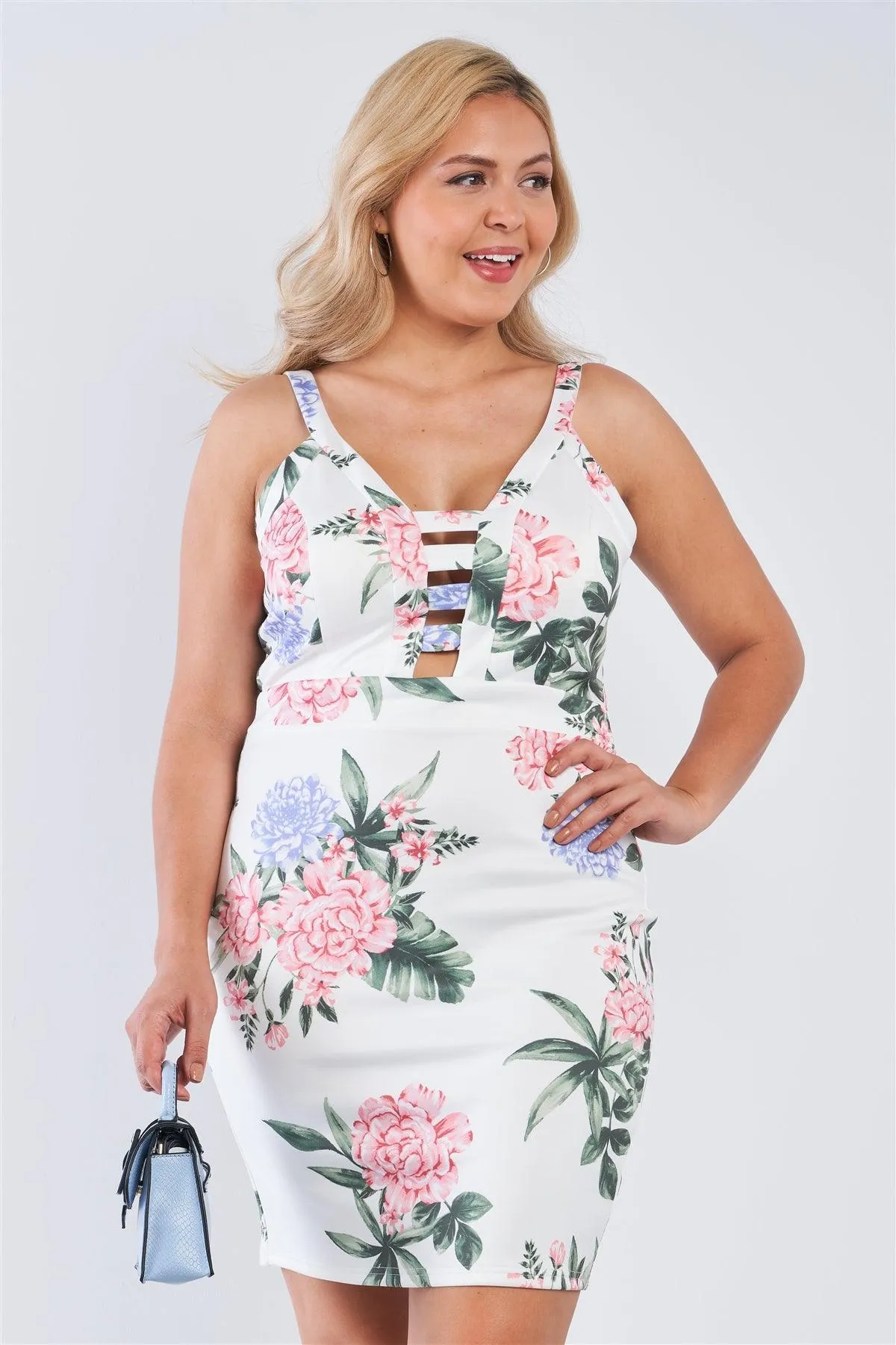 Junior Plus Size Off-White Floral V-Neck Strap Front Bodycon Mini Dress /2-2-2