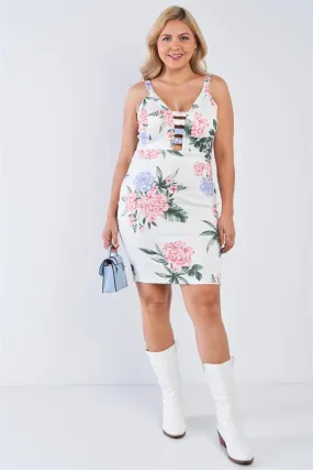 Junior Plus Size Off-White Floral V-Neck Strap Front Bodycon Mini Dress /2-2-2