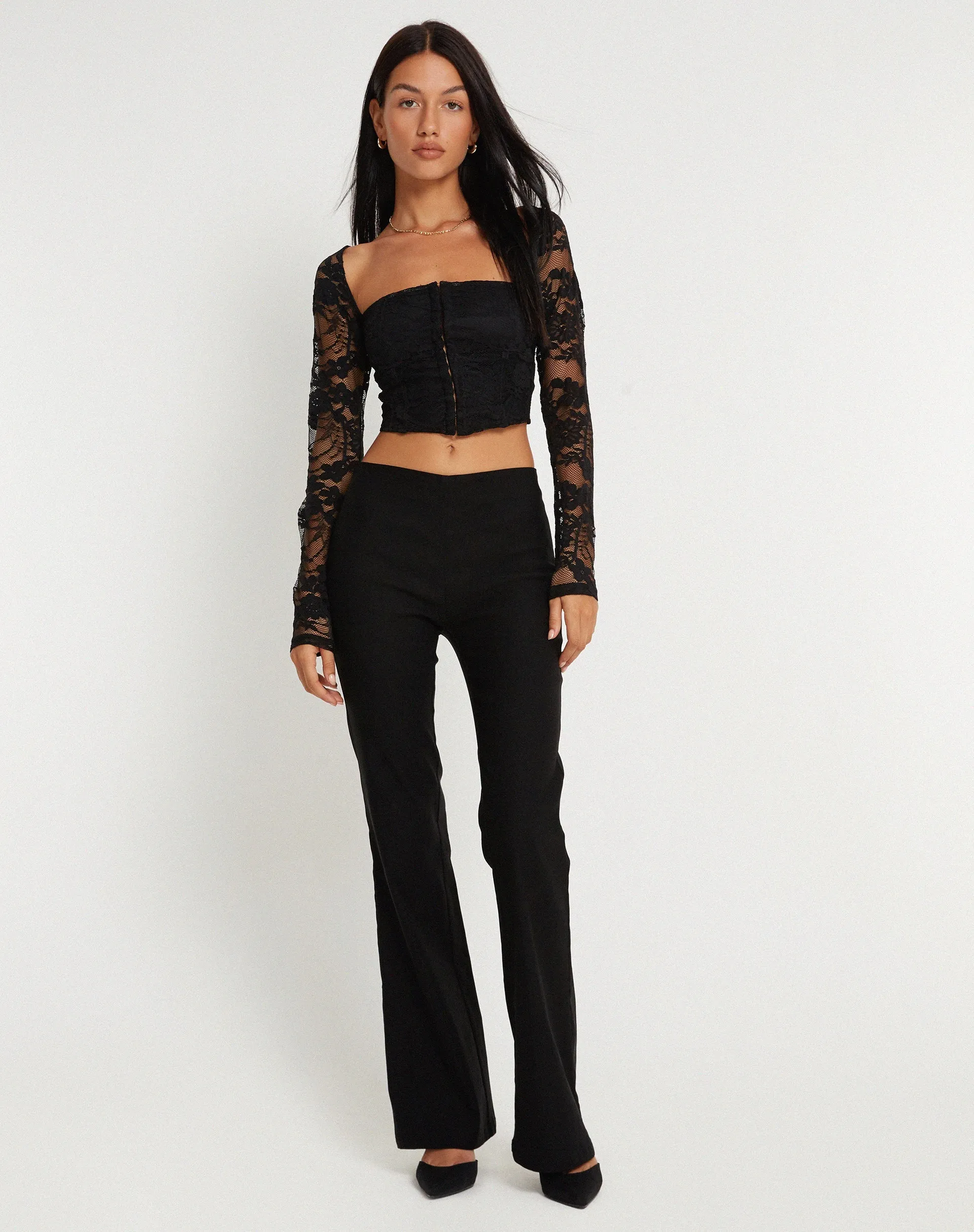 Khafila Long Sleeve Corset  Top in Lace Black